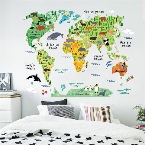 Cartoon Animals World Map Wall Sticker